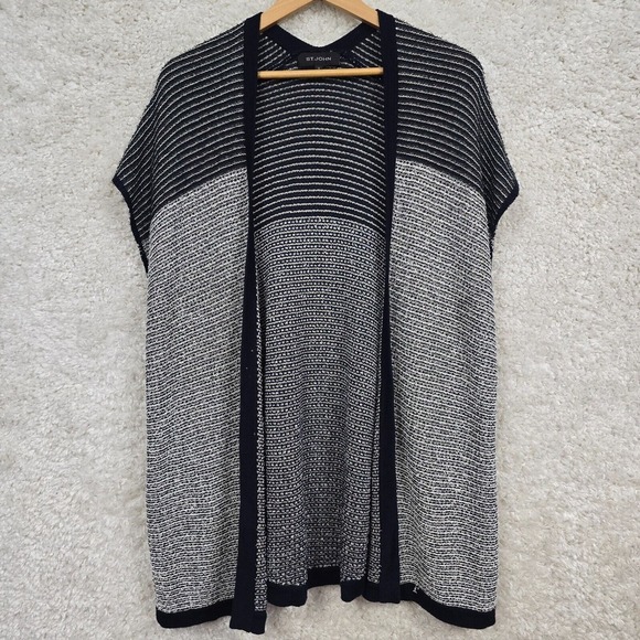 St John Open Cardigan Womens Medium Black Gray Short Sleeve Sweater Sequins READ - Picture 1 of 13